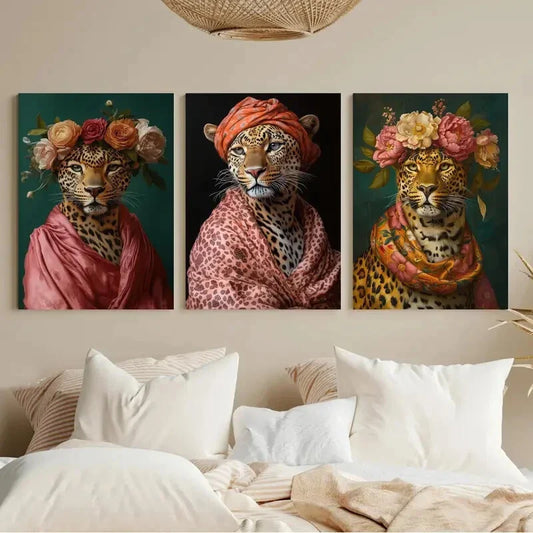 3pcs Tiger Snow Leopard Animal And Floral Metal Print Ready to Hang Art