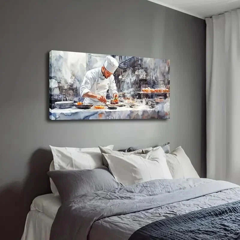Realistic Chef Cooking a Meal Wall Art Canvas Office Home Room Framed 120x60cm