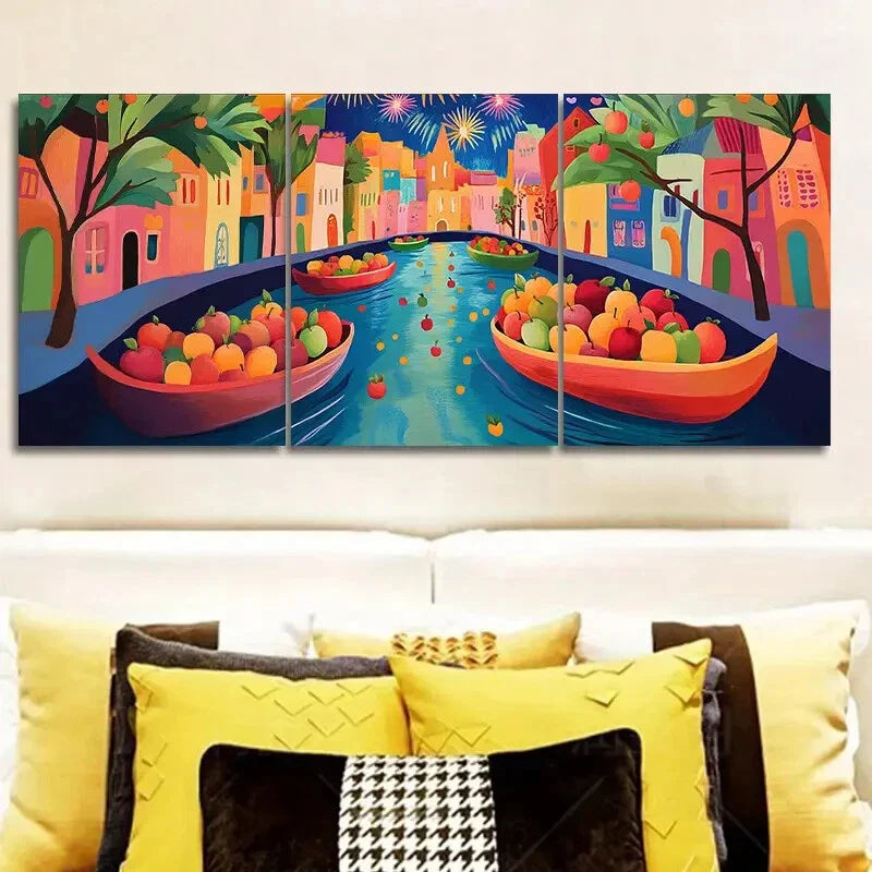 3pcs Colorful Apple Boat Scene with Waterfront Metal Print Ready to Hang Art