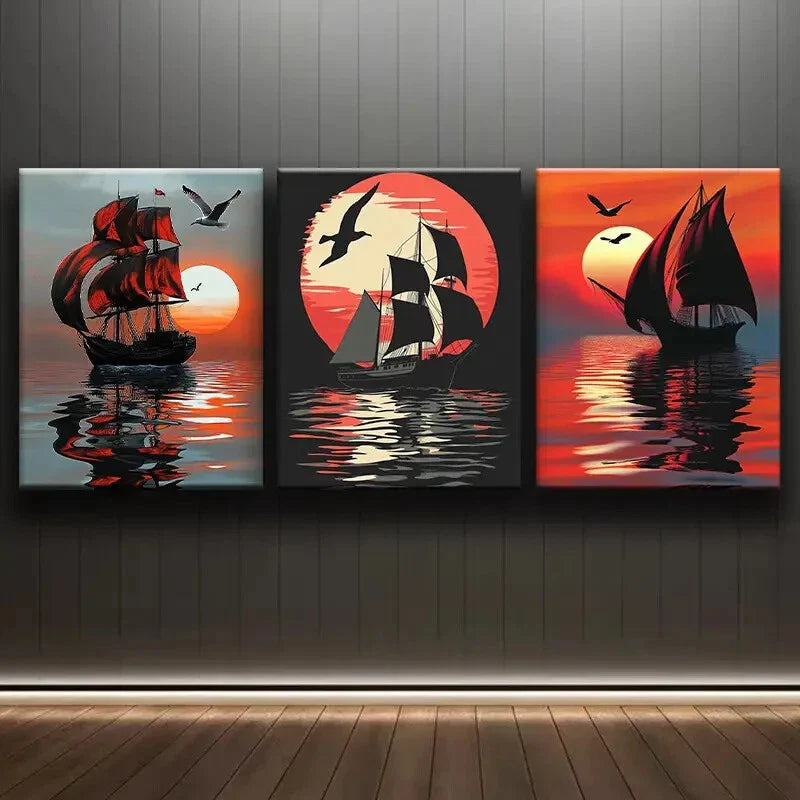 3pcs Sailboats Sunset Shine Moon Ocean Perfect Wall Art Set Canvas Framed 40x60cm - High Quality Print 100% Australian Made Wall Canvas Ready to Hang