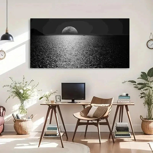 White Moon Ocean Night Black Wall Art Canvas Office Home Room Framed 120x60cm