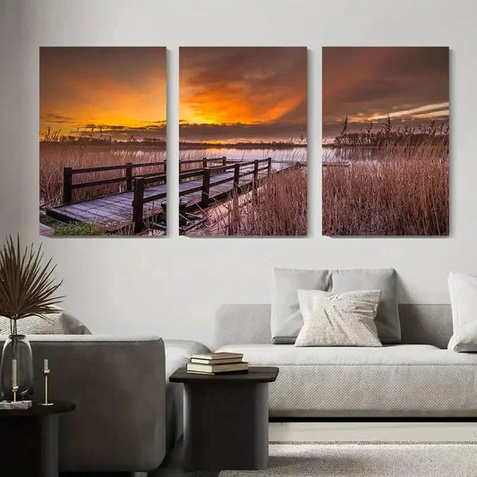 3pcs Tranquil Sunset Bridge Dock & Reed Grass Metal Print Ready to Hang Art