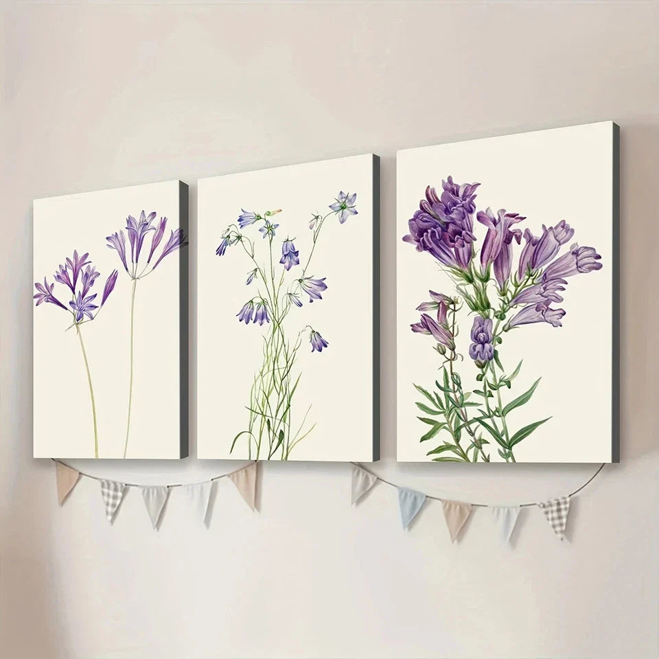 3pcs Purple Botanical Flower Art Green Leaves Wall Art Set Canvas Framed 40x60cm - High Quality Print 100% Australian Made Wall Canvas Ready to Hang