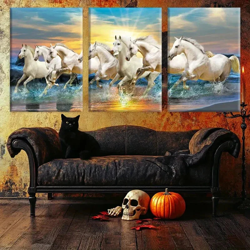 3pcs White Horses Seaside Sunset Running Horses Wall Art Set Canvas Framed 40x60cm - High Quality Print 100% Australian Made Wall Canvas Ready to Hang
