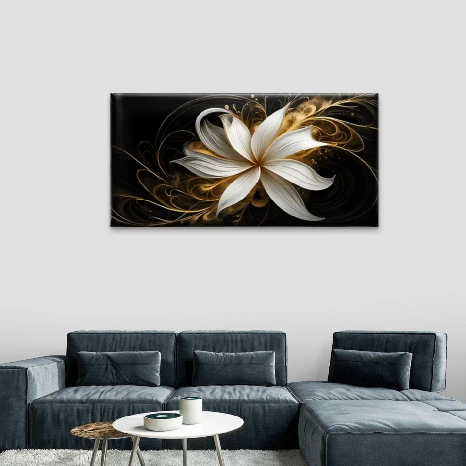 White Flowers Golden Lines Wall Art Canvas Office Home Room Framed 120x60cm