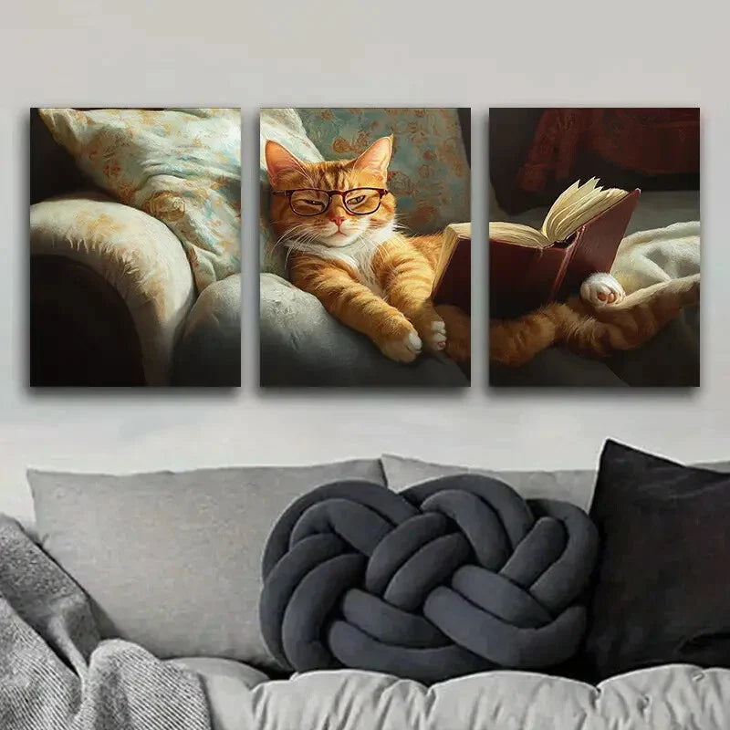 3pcs Classic Modern Cat Reading Metal Print Ready to Hang Art