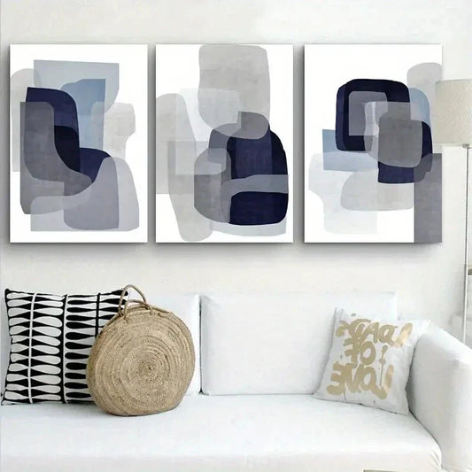3pcs Navy Blue &amp; Gray White Abstract Metal Print Ready to Hang Art
