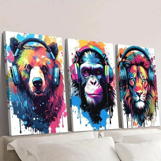 3pcs Lion Wolf Chimpanzee with Headphones Wall Art Set Canvas Framed 40x60cm - High Quality Print 100% Australian Made Wall Canvas Ready to Hang