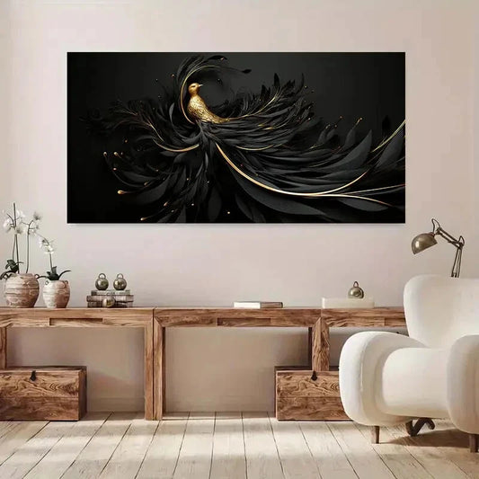Bird & Black Golden Abstract Wall Art Canvas Office Home Room Framed 120x60cm