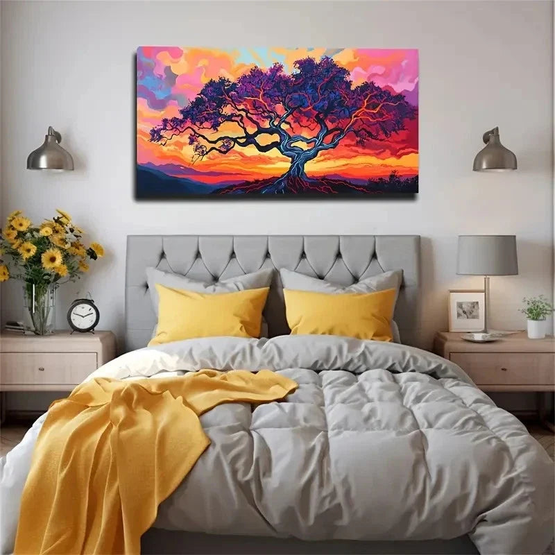 Vibrant Sunset Tree Effective Wall Art Canvas Office Home Room Framed 120x60cm