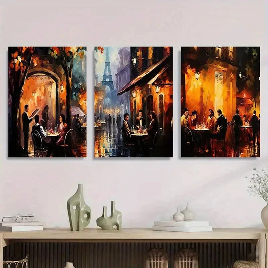 3pcs Romantic Night Cityscape Dining Scenes Metal Print Ready to Hang Art