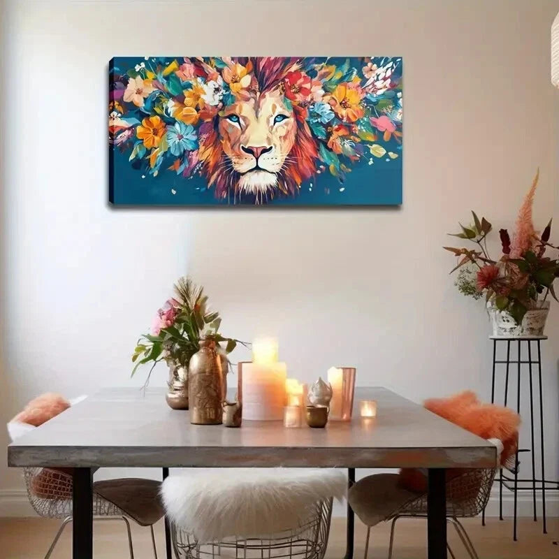 Watercolor Lion Head Floral Wall Art Canvas Office Home Room Framed 120x60cm