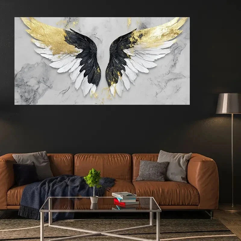 Black Yellow & White Winged Wall Art Canvas Office Home Room Framed 120x60cm