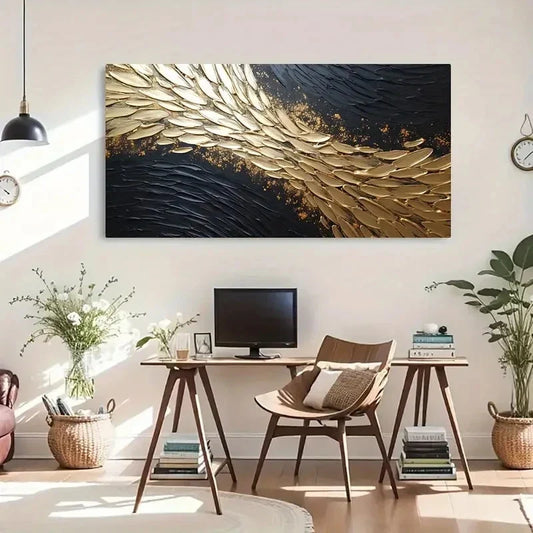 Minimalist Black Golden Deco Wall Art Canvas Office Home Room Framed 120x60cm