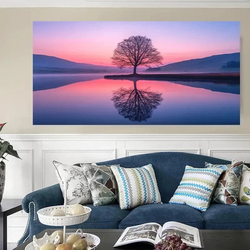 Trees on the Lake Sunset Wall Art Canvas Office Home Room Framed 120x60cm