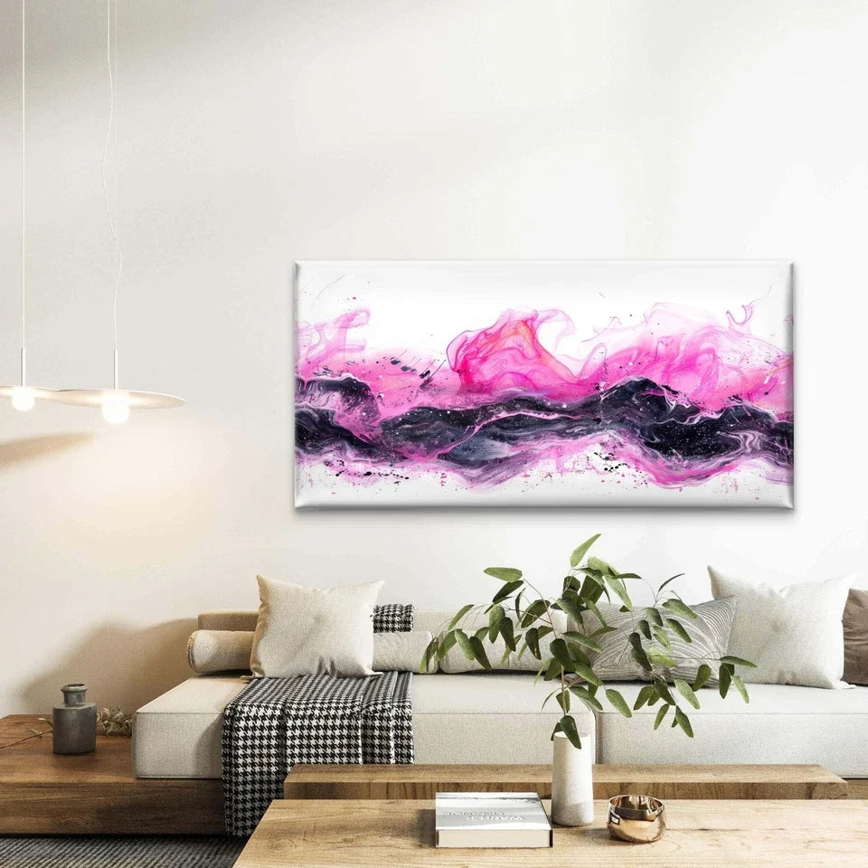 Pink And Black Ink Abstract Wall Art Canvas Office Home Room Framed 120x60cm