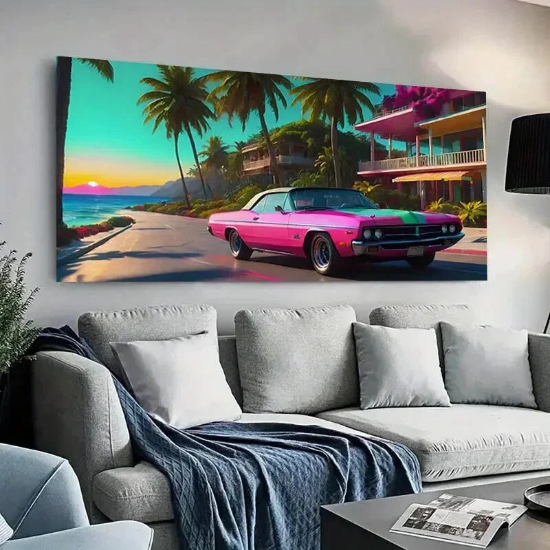 Pink Car Tree Ocean Sunset wall canvas office home room framed 120x60cm