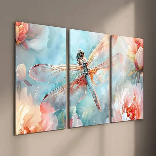 3pcs Vibrant Spring Flowers & Dragonfly Wall Art Set Canvas Framed 40x60cm - High Quality Print 100% Australian Made Wall Canvas Ready to Hang