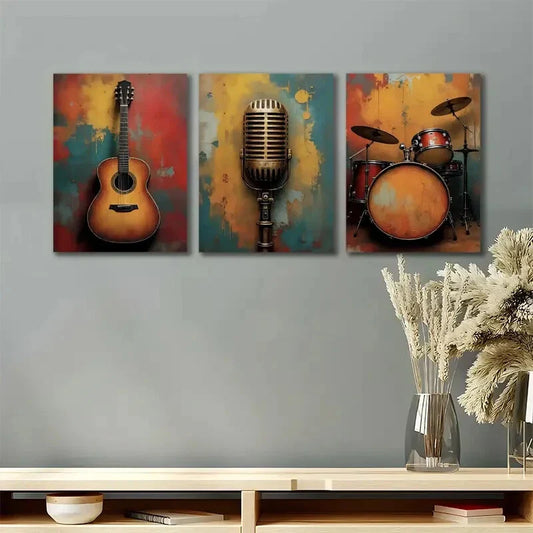 3pcs Vintage Guitar, Microphone & Drum Metal Print Ready to Hang Art