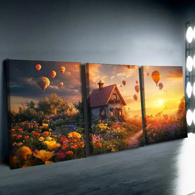 3pcs Floral Cottage & Hot Air Balloons Sun Shine Sky Perfect Wall Art Set Canvas Framed 40x60cm - High Quality Print 100% Australian Made Wall Canvas Ready to Hang