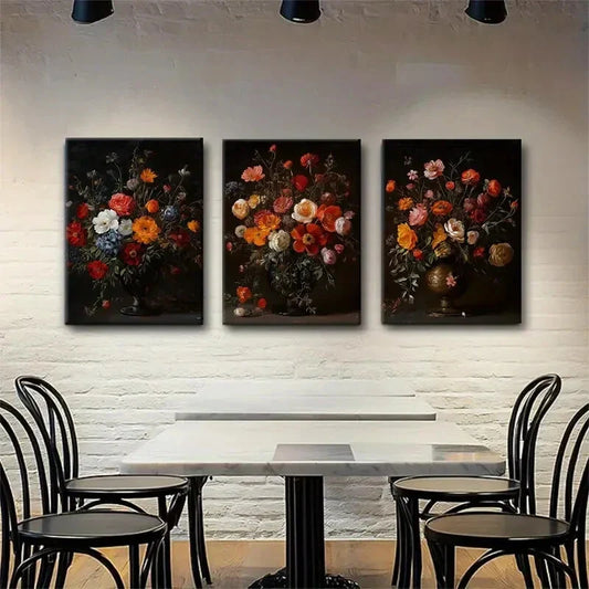 3pcs Elegant Wooden Flower Vases with Roses Metal Print Ready to Hang Art