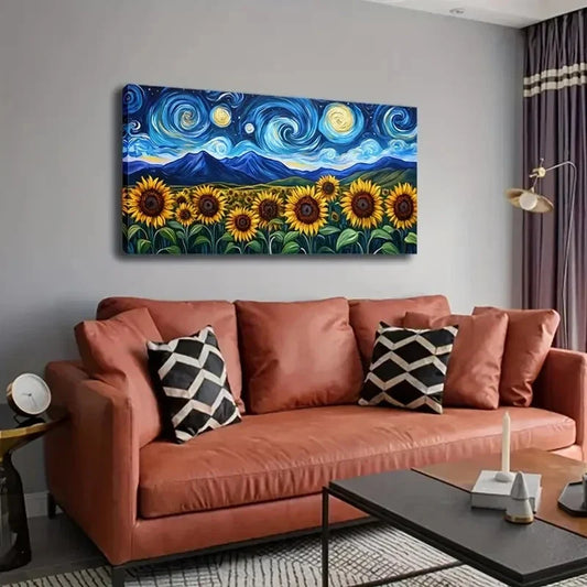 Beautiful Starry Sky Sunflowers Wall Art Canvas Office Home Room Framed 120x60cm