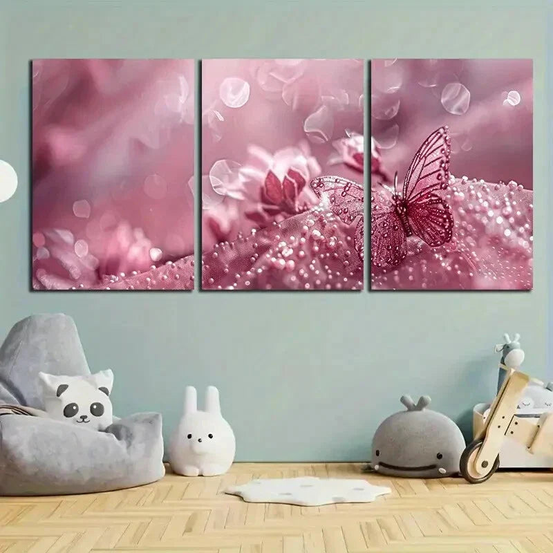 3pcs Pink Bubbles Modern Butterfly Metal Print Ready to Hang Art