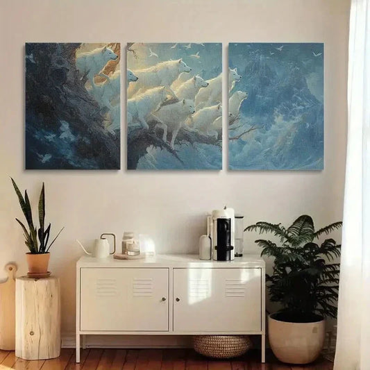 3pcs Wolf and Tree Trunk Nature Metal Print Ready to Hang Art