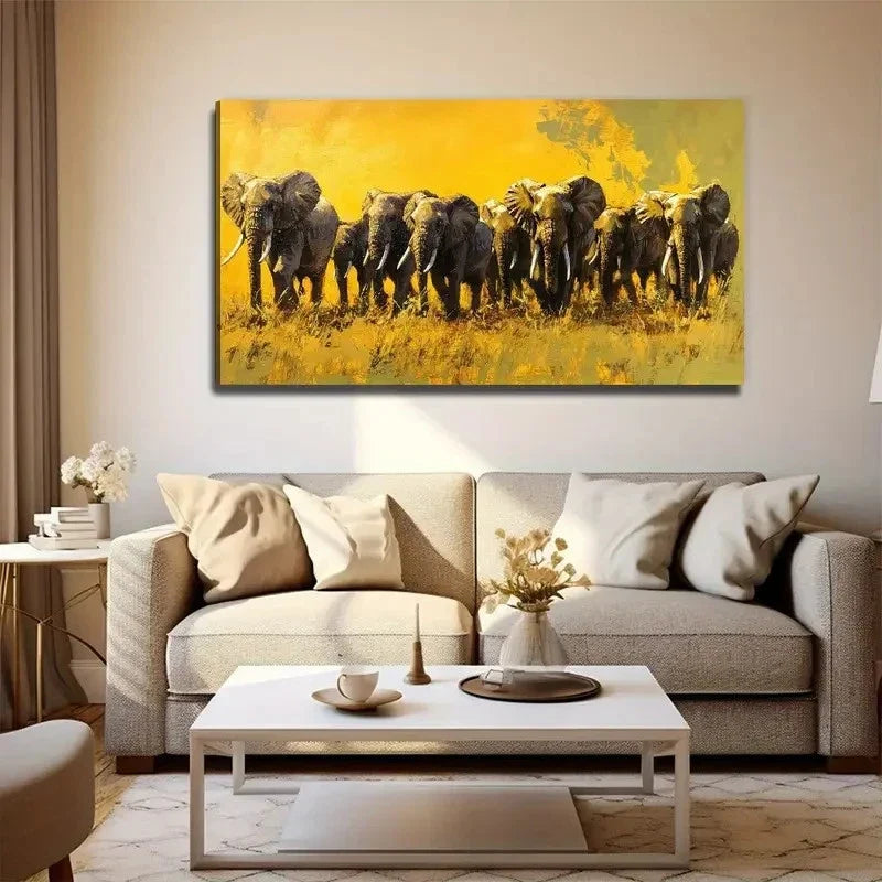 Majestic Elephant Herd Modern Wall Art Canvas Office Home Room Framed 120x60cm
