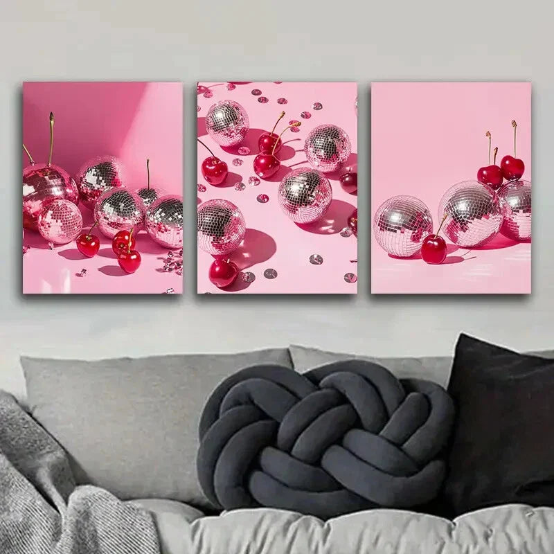 3pcs Cherries & Disco Balls Delicious Perfect Wall Art Set Canvas Framed 40x60cm - High Quality Print 100% Australian Made Wall Canvas Ready to Hang