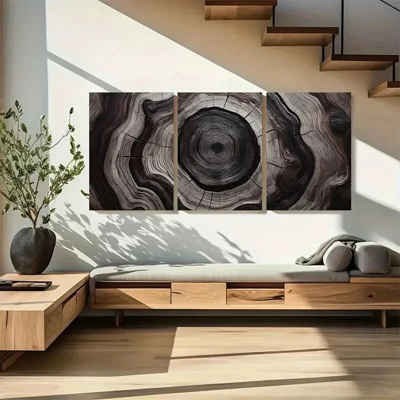 3pcs Deep Espresso & Beige Tree Ring Wall Art Set Canvas Framed 40x60cm - High Quality Print 100% Australian Made Wall Canvas Ready to Hang