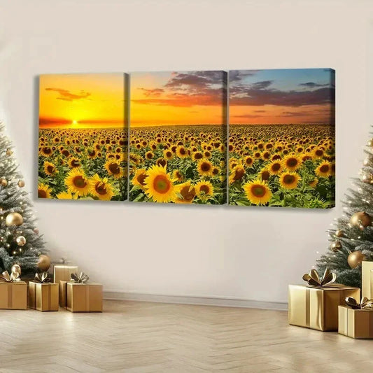 3pcs Golden Sunset Fields with Sunflower Wall Art Set Canvas Framed 40x60cm - High Quality Print 100% Australian Made Wall Canvas Ready to Hang
