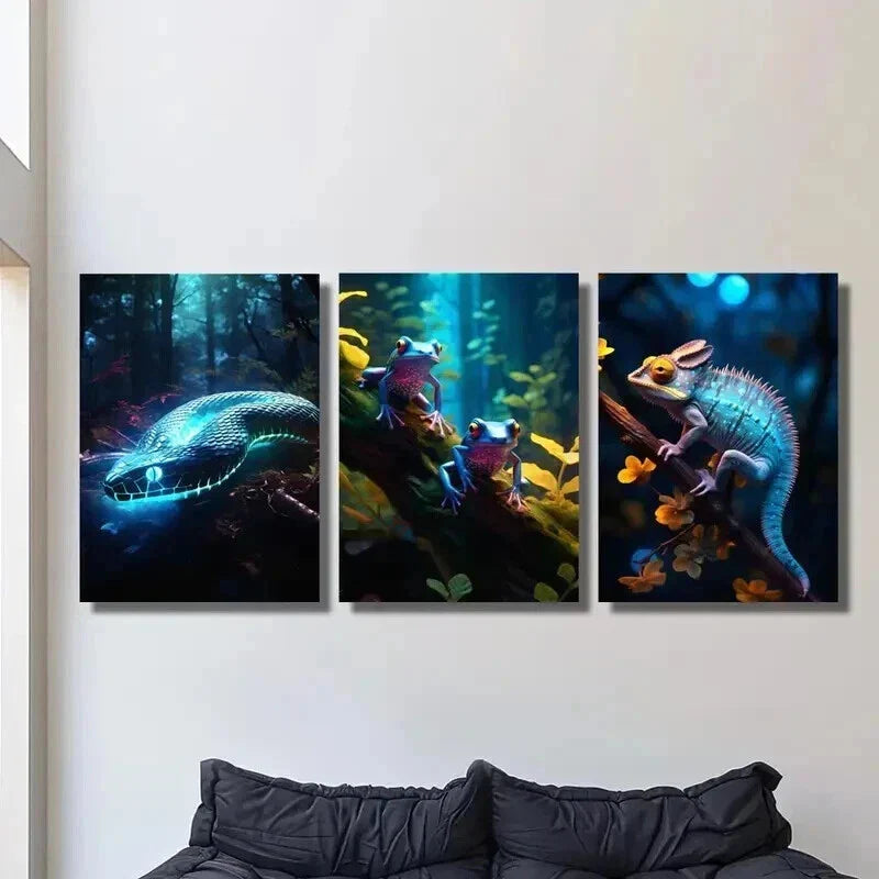 3pcs Blue Glowing Snake Frog & Chameleon Wall Art Set Canvas Framed 40x60cm - High Quality Print 100% Australian Made Wall Canvas Ready to Hang