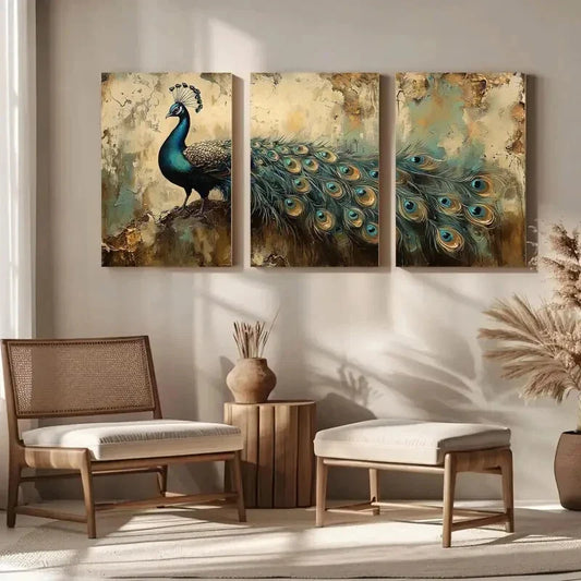 3pcs Vintage Peacock Design Large Metal Print Ready to Hang Art