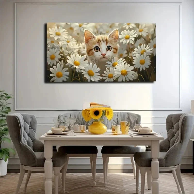 A Kitten Is Placed In A Daisies Wall Art Canvas Office Home Room Framed 120x60cm