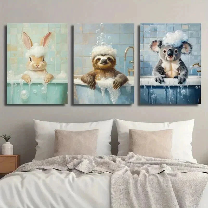 3pcs Cute Bunny Sloth Raccoon in Bathtub Wall Art Set Canvas Framed 40x60cm - High Quality Print 100% Australian Made Wall Canvas Ready to Hang