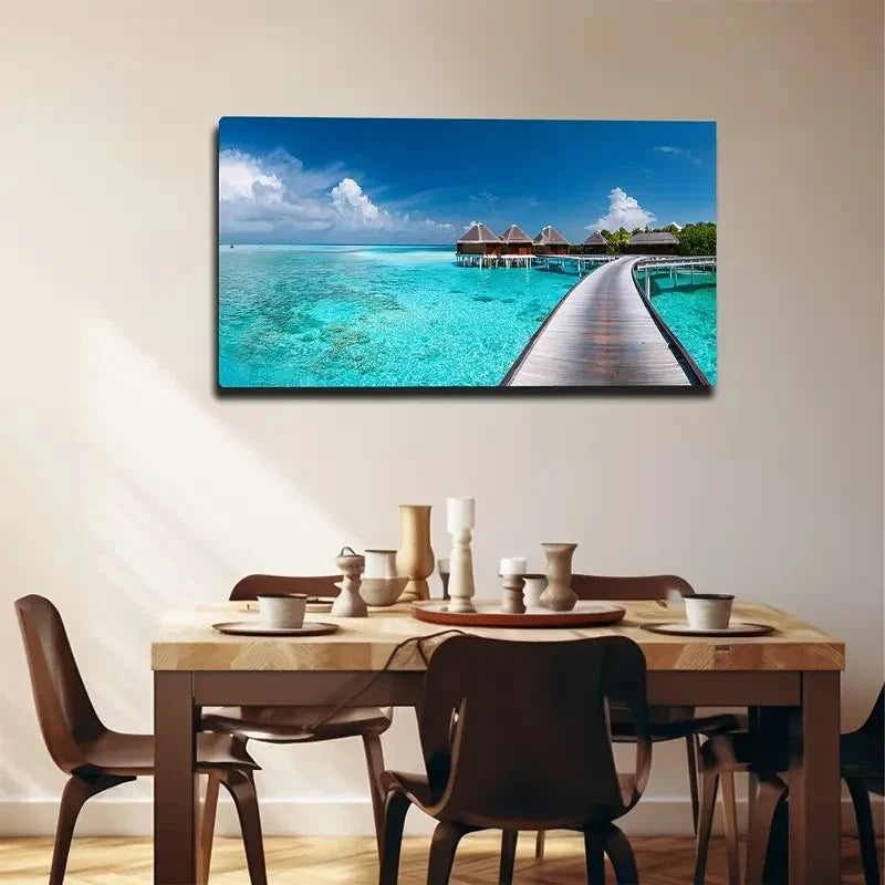 Tropical Beach Villa Wall Art Canvas Office Home Room Framed 80x45cm