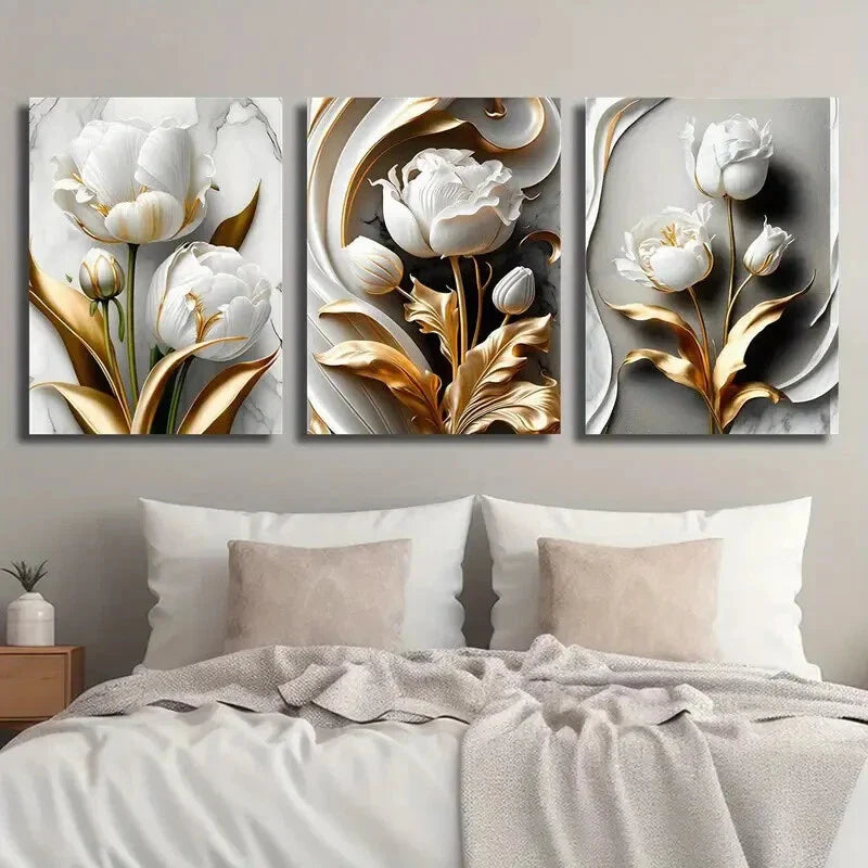 3pcs Golden & White Tulips with Marble Texture Wall Art Set Canvas Framed 40x60cm - High Quality Print 100% Australian Made Wall Canvas Ready to Hang