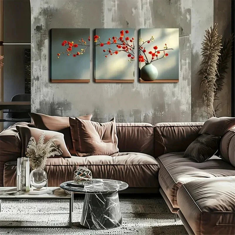 3pcs Elegant Red Plum Blossom Triptych Perfect Wall Art Set Canvas Framed 40x60cm - High Quality Print 100% Australian Made Wall Canvas Ready to Hang