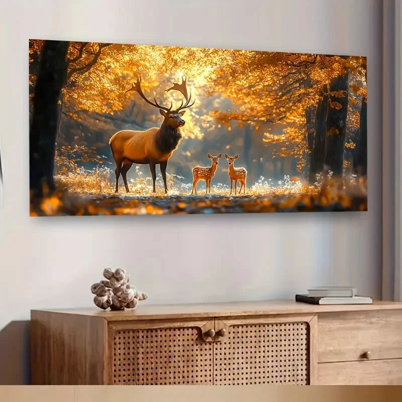 Stag & Fawn in Autumn Forest Wall Art Canvas Office Home Room Framed 80x45cm