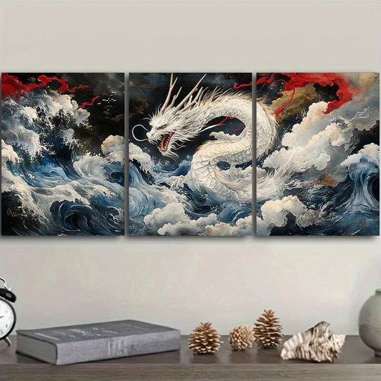 3pcs The White Dragon Sea of Clouds Metal Print Ready to Hang Art
