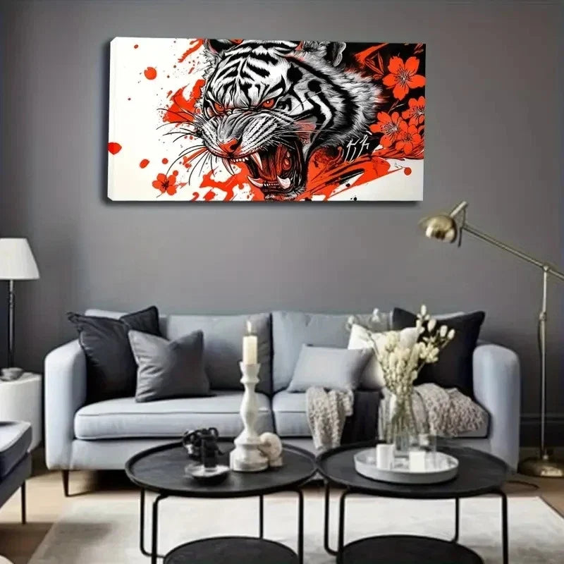 White Tiger Abstract Dynamic Wall Art Canvas Office Home Room Framed 120x60cm