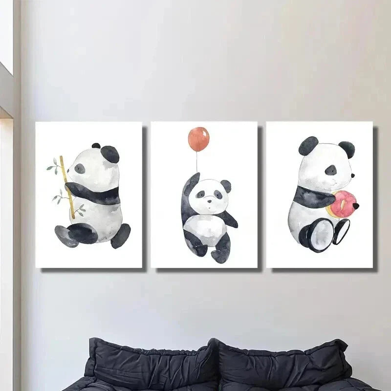3pcs Panda with Bamboo Balloon & Dessert Wall Art Set Canvas Framed 40x60cm - High Quality Print 100% Australian Made Wall Canvas Ready to Hang