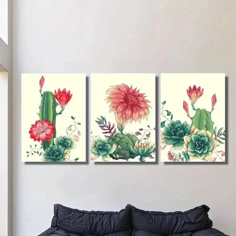3pcs Cactus with Red Flowers Painting Wall Art Set Canvas Framed 40x60cm - High Quality Print 100% Australian Made Wall Canvas Ready to Hang