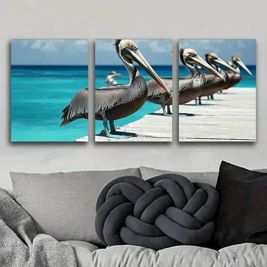 3pcs Brown Pelicans Colorful Sharpe Perfect Wall Art Set Canvas Framed 40x60cm - High Quality Print 100% Australian Made Wall Canvas Ready to Hang