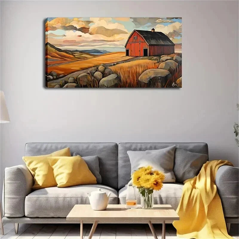 Realistic Style Red Barn Wheat Wall Art Canvas Office Home Room Framed 80x45cm