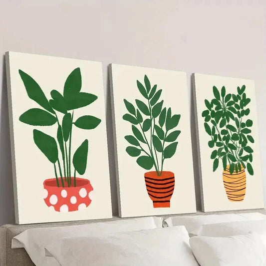 3pcs Leaves Growing in Pot Plant Wall Art Set Canvas Framed 40x60cm - High Quality Print 100% Australian Made Wall Canvas Ready to Hang