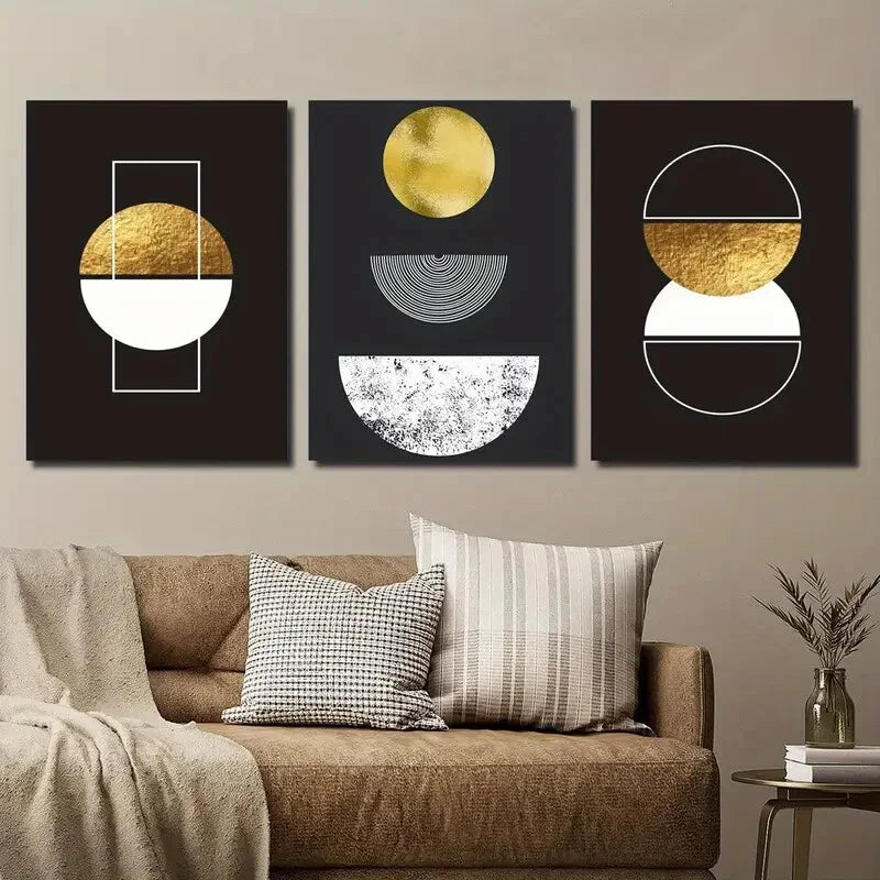 3pcs Elegant Black & Golden Geometric Wall Art Set Canvas Framed 40x60cm - High Quality Print 100% Australian Made Wall Canvas Ready to Hang