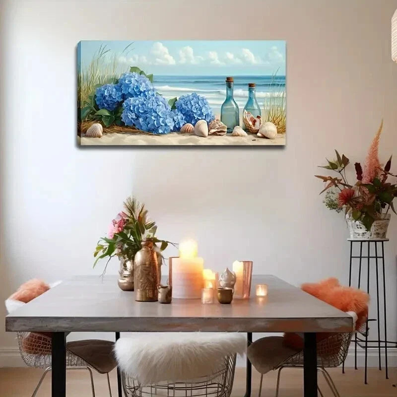 Ocean Scene Hydrangeas Seashell Wall Art Canvas Office Home Room Framed 120x60cm