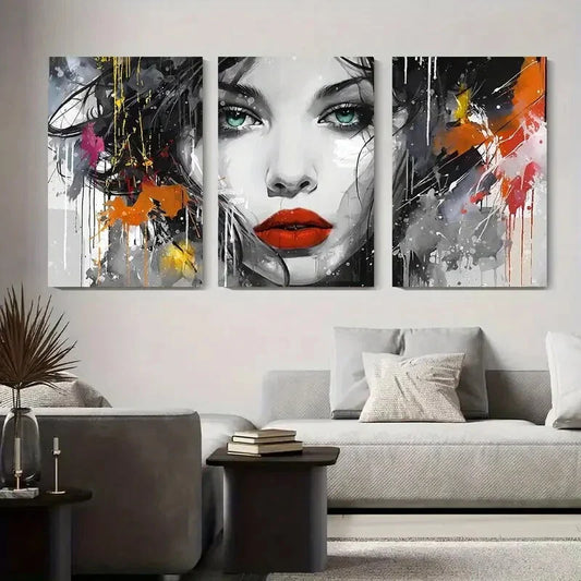 3pcs Modern Woman Face with Colorful Splashes Metal Print Ready to Hang Art